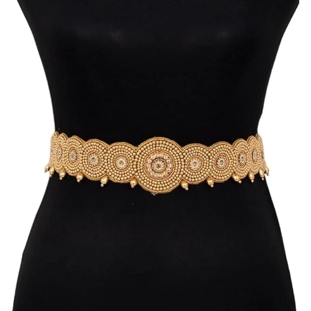 Gold Beaded Rhinestone Scalloped Elastic Waist Belt Ethnic Kamarband Statement